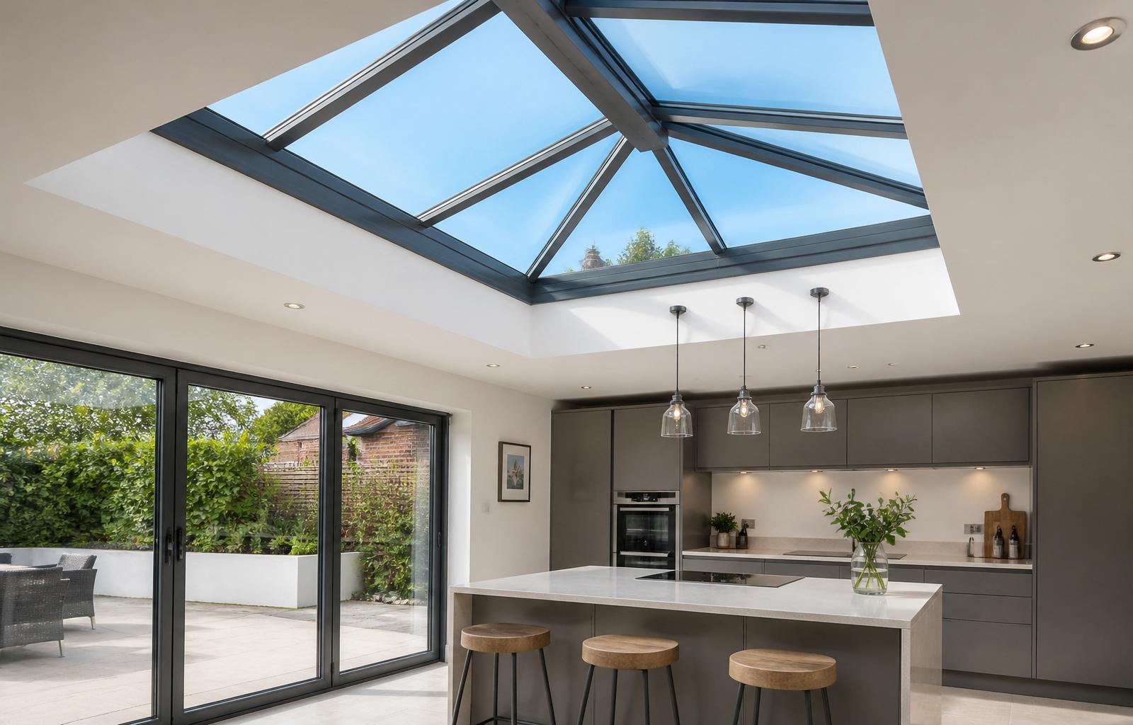 Aluminium roof lantern in a bright kitchen extension